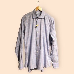 LEDBURY Blue Lavender Windowpane Plaid Shirt Slim Fit Dress Shirt MENS XL 17.5